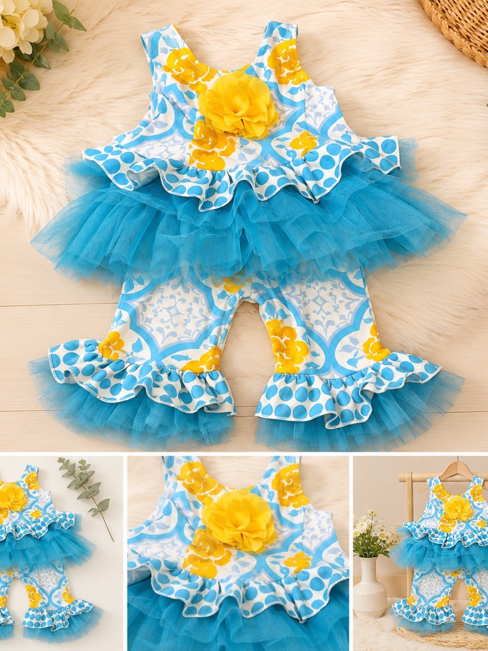 Giggle Moon set Blue and Yellow Floral Ruffle Outfit size 18 months